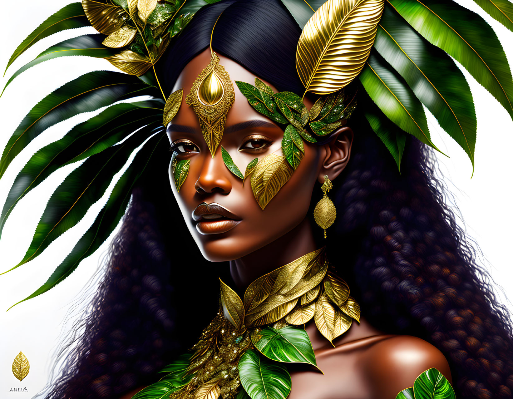 Digital illustration of woman with golden leaf ornaments and tropical green leaves.