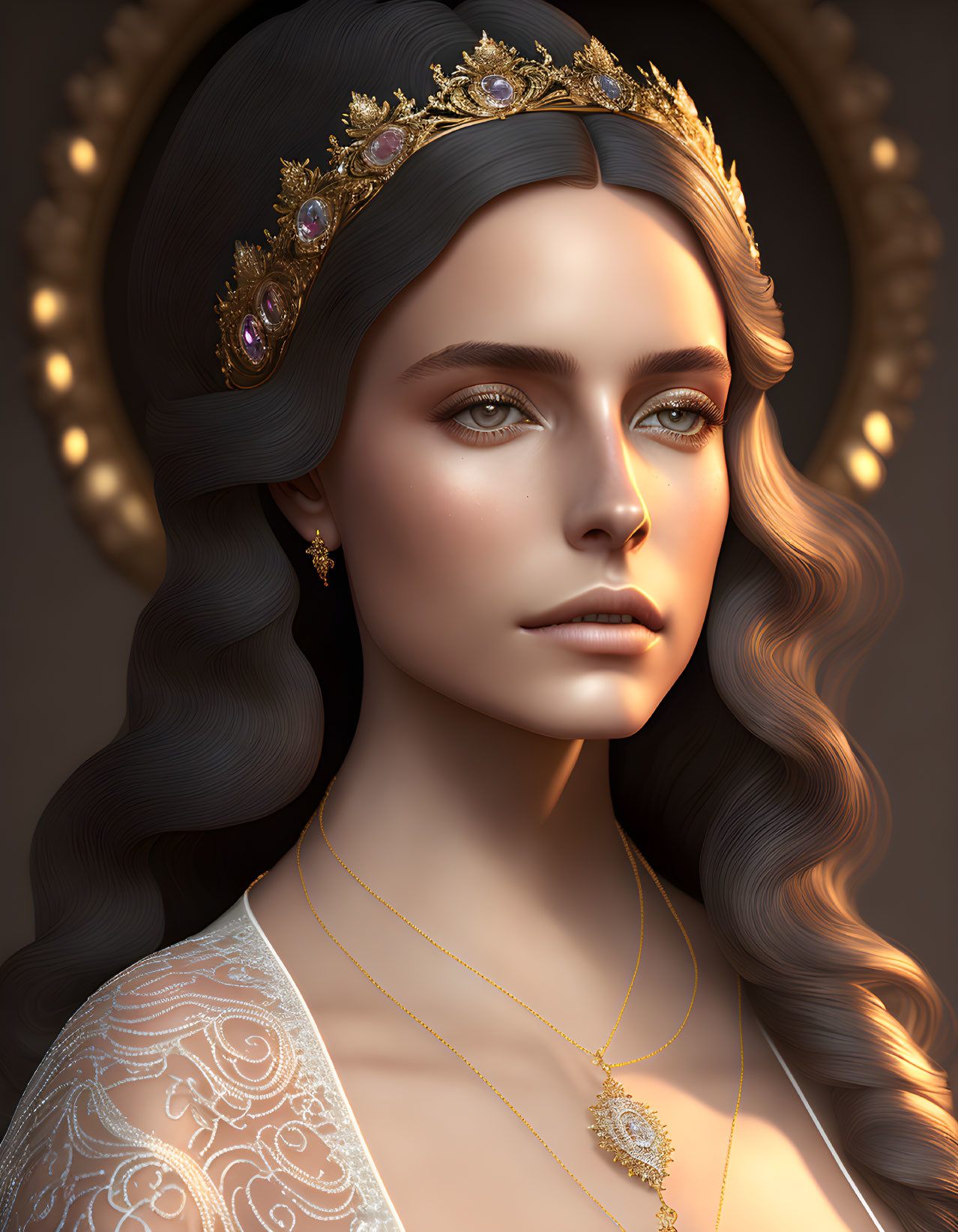 Regal woman with gold crown and ornate gown gazes into distance