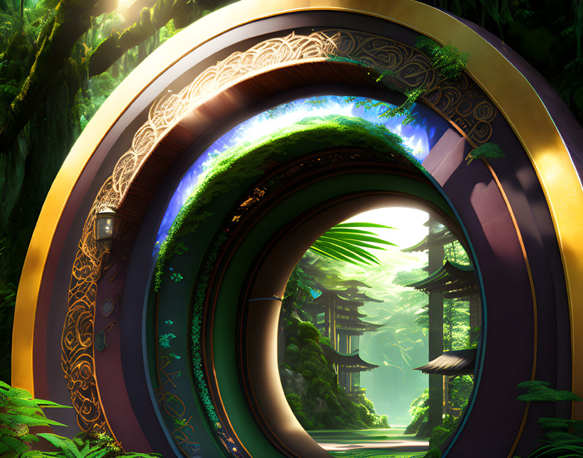 Digital art of mystical forest with circular portal framing ancient temple