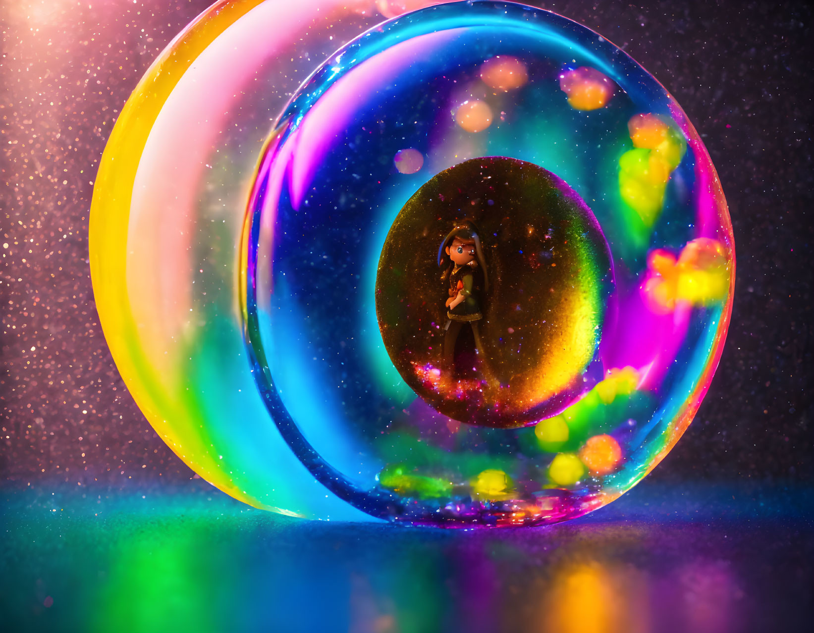 Colorful figurine in transparent bubbles on sparkling background