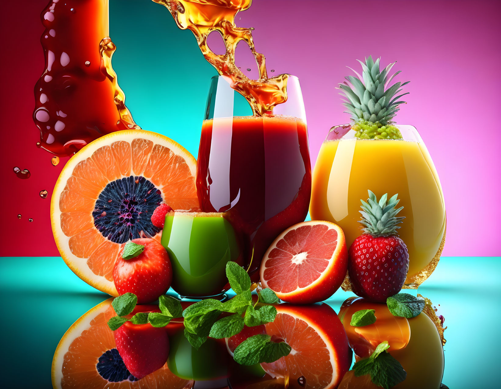 Assorted Fruits in Juice Glasses on Reflective Surface