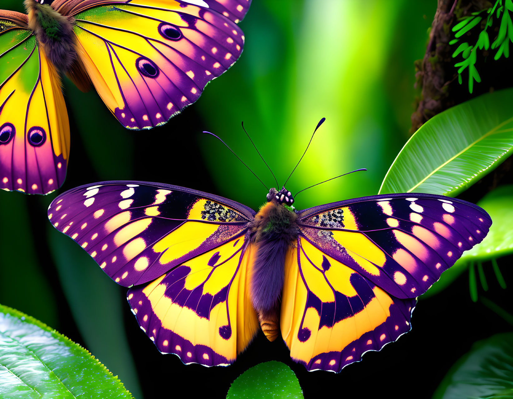 Colorful Yellow and Purple Butterfly on Green Foliage with Another Butterfly in Background