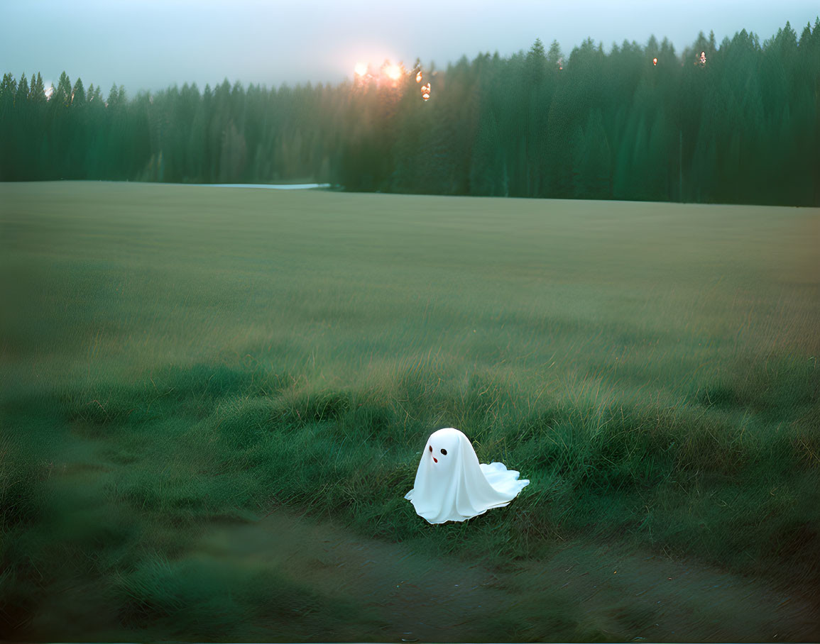 Misty field with ghostly figure at sunset in forest