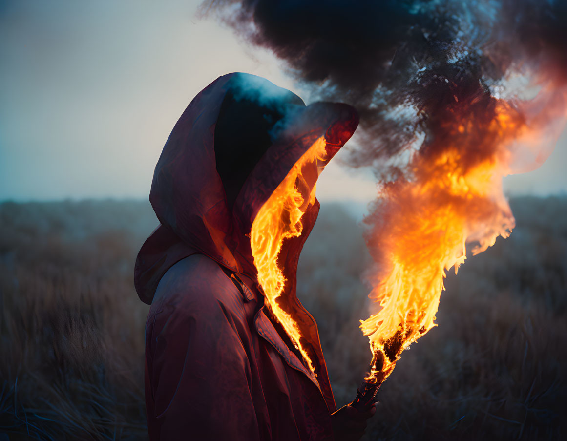 Hooded figure holding flaming object in dusky field