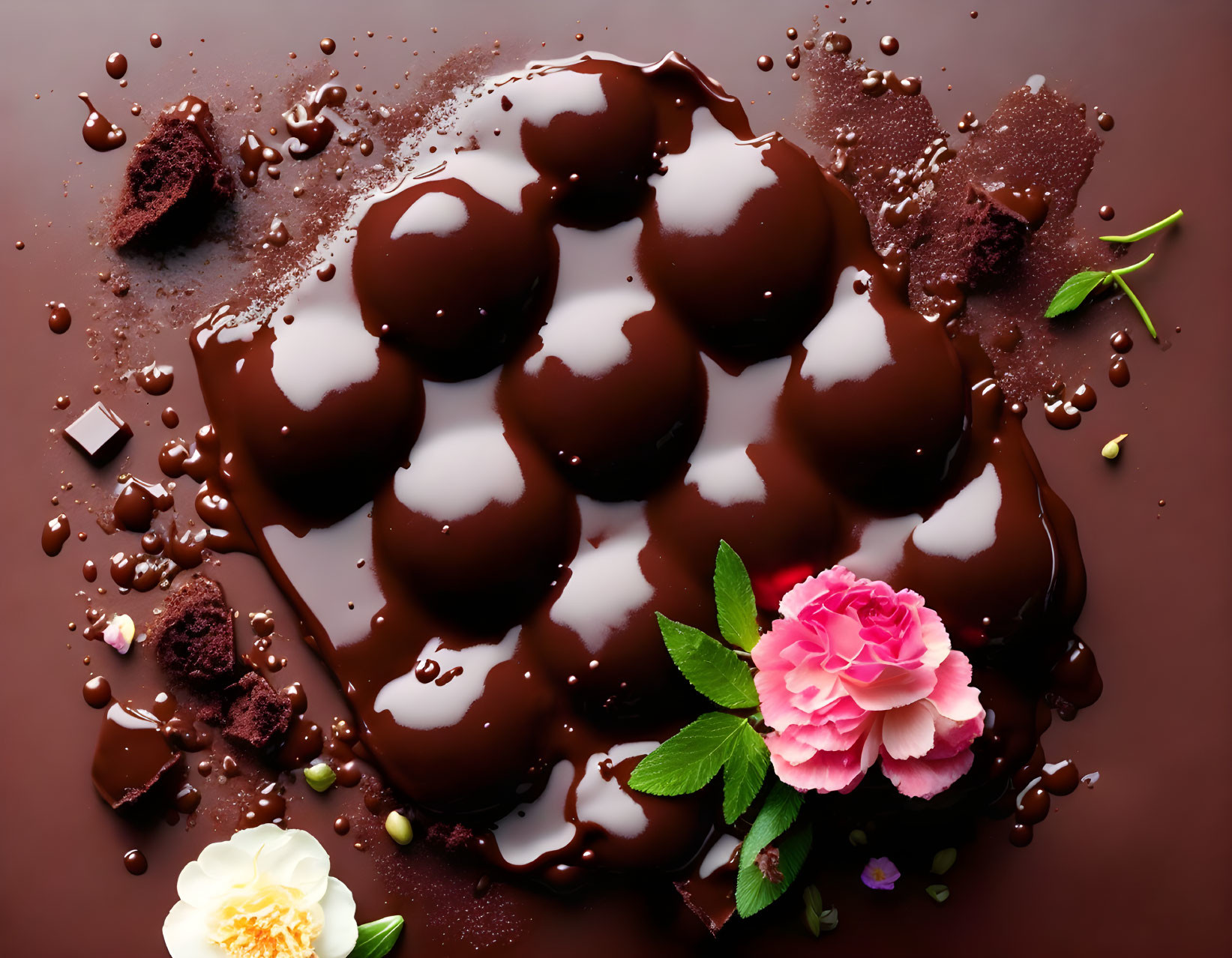 Decadent Chocolate Dessert with Glossy Ganache and Pink Flower