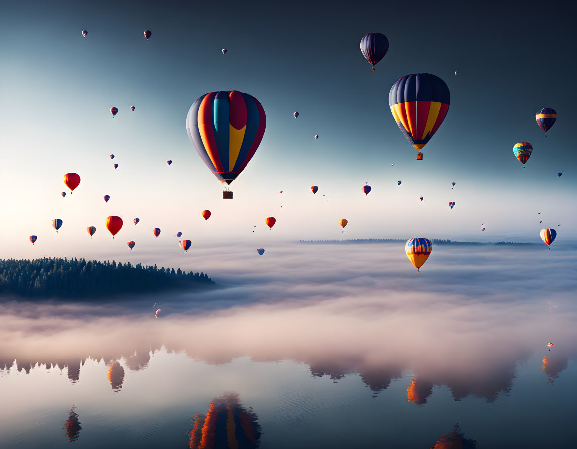 Vibrant hot air balloons over misty lake at sunrise or sunset