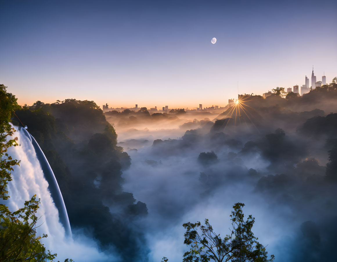 Scenic waterfall in misty landscape with moon, sun, and city skyline