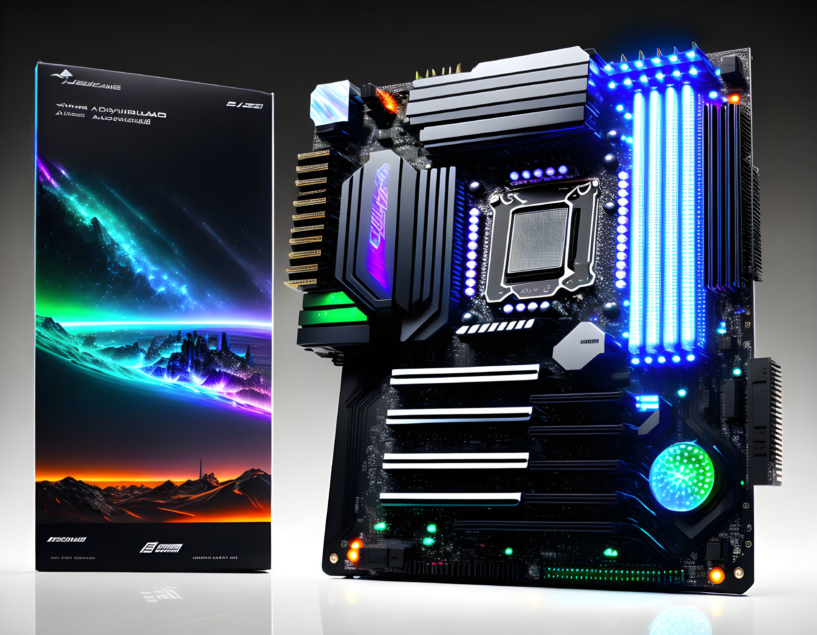 RGB Gaming Motherboard with Expansion Slots & Heatsinks on Futuristic Background