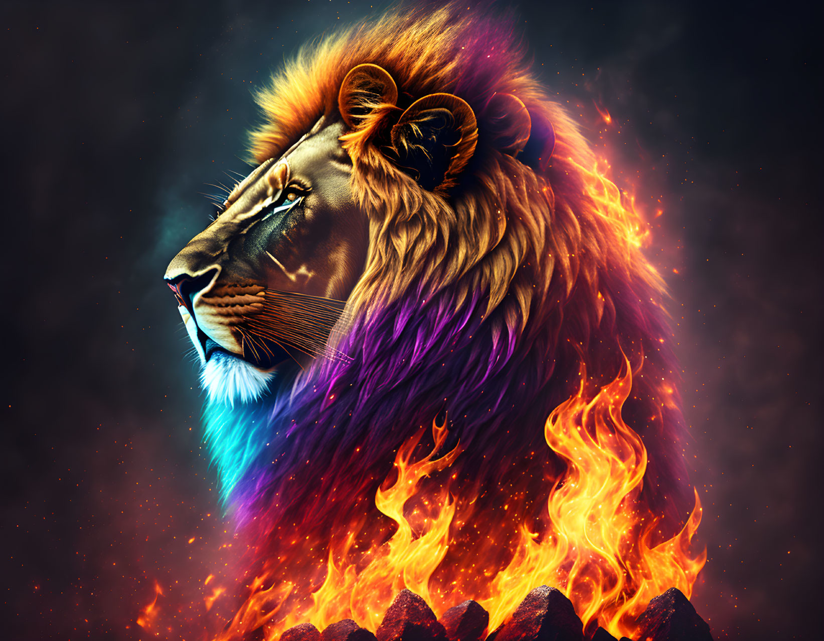 Colorful lion illustration with fiery mane on dark background