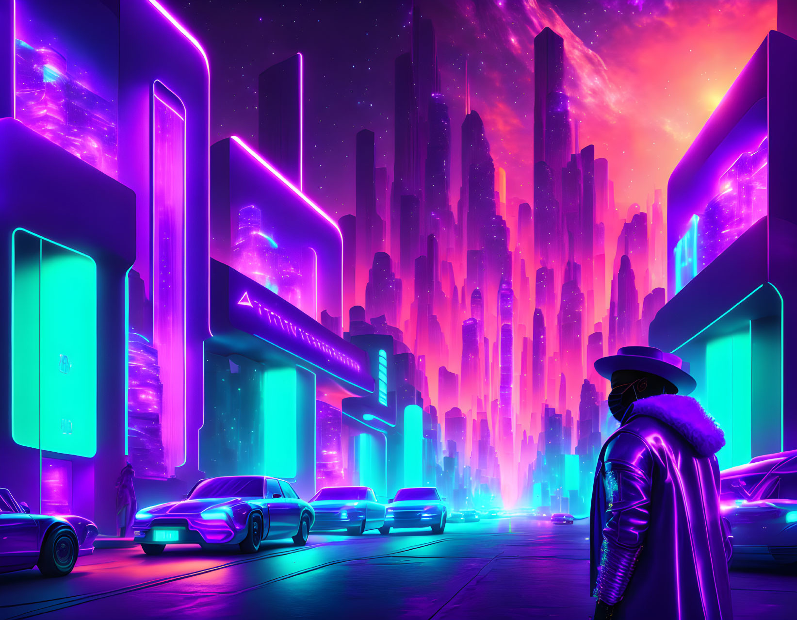 Futuristic neon-lit cityscape with skyscrapers and flying cars observed by a person in