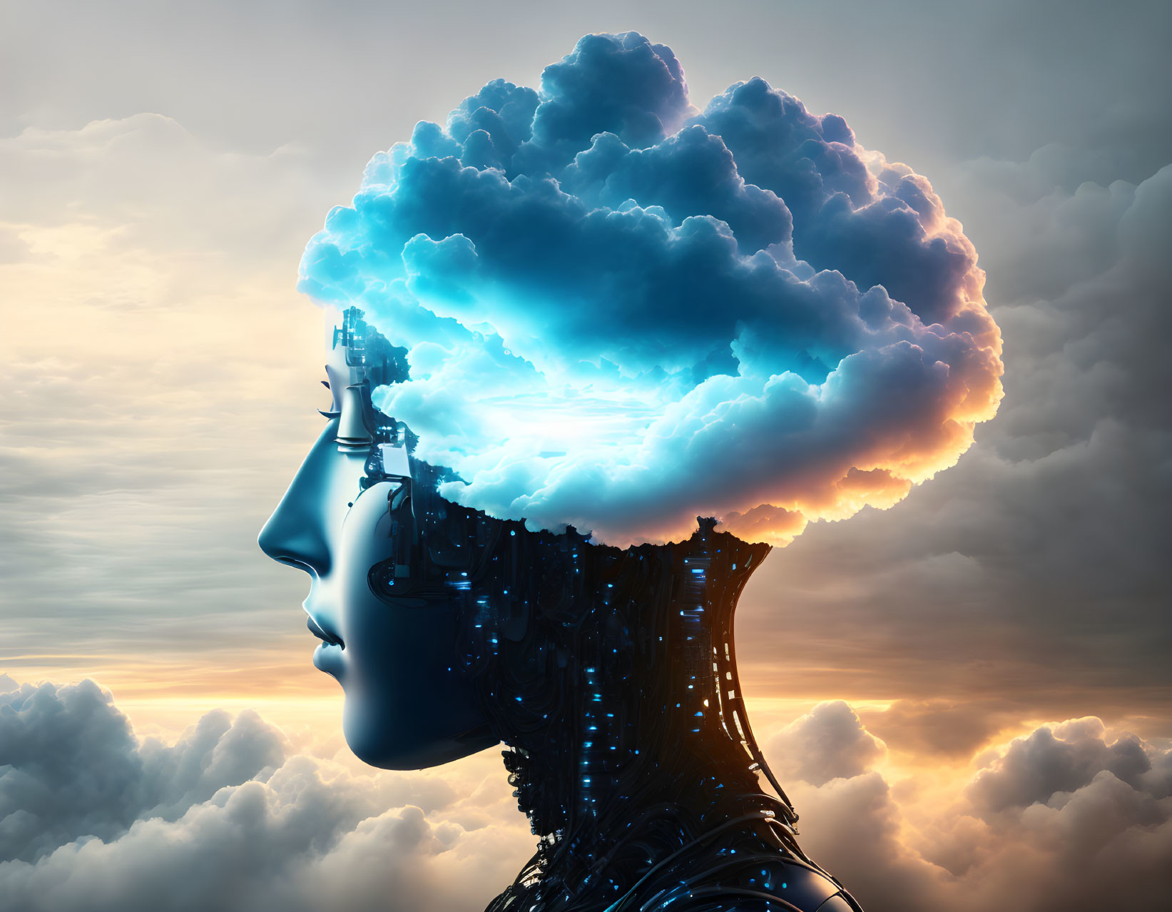 Conceptual robotic head profile with cloud-filled brain against sky backdrop symbolizing AI and cloud computing.