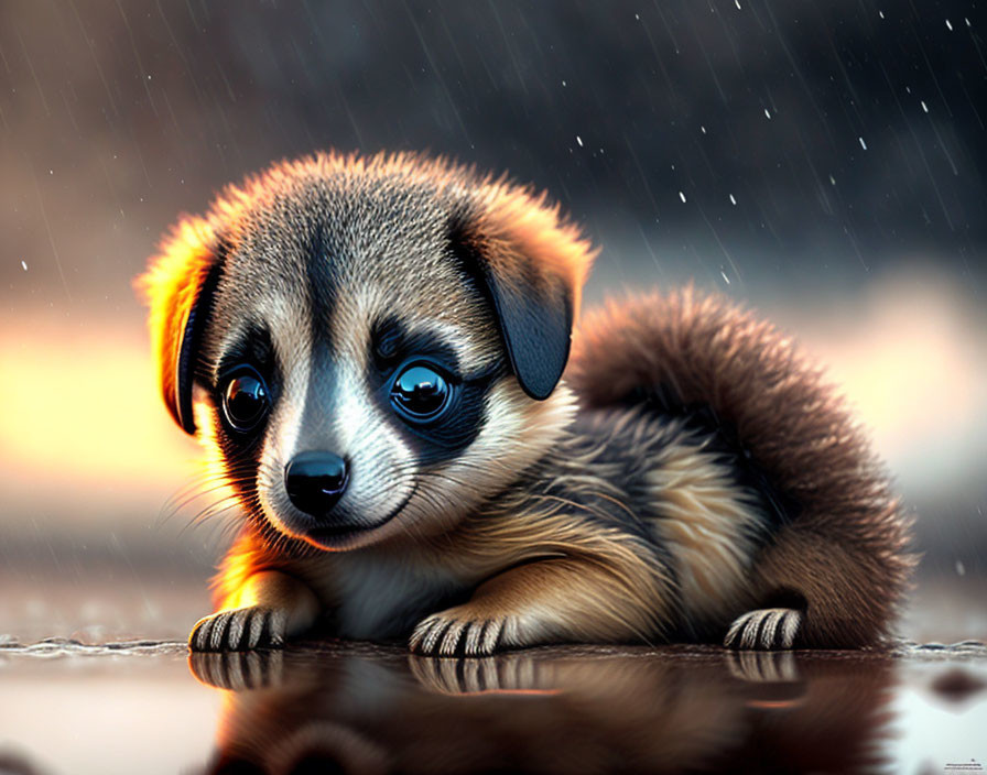 Adorable puppy digital illustration in gentle rain