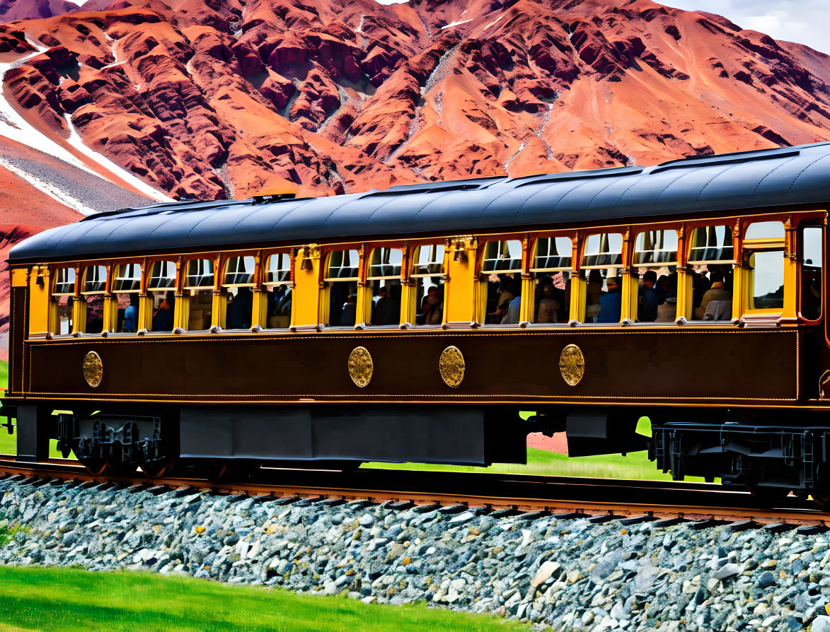 Passengers on vintage train against red hills and blue sky