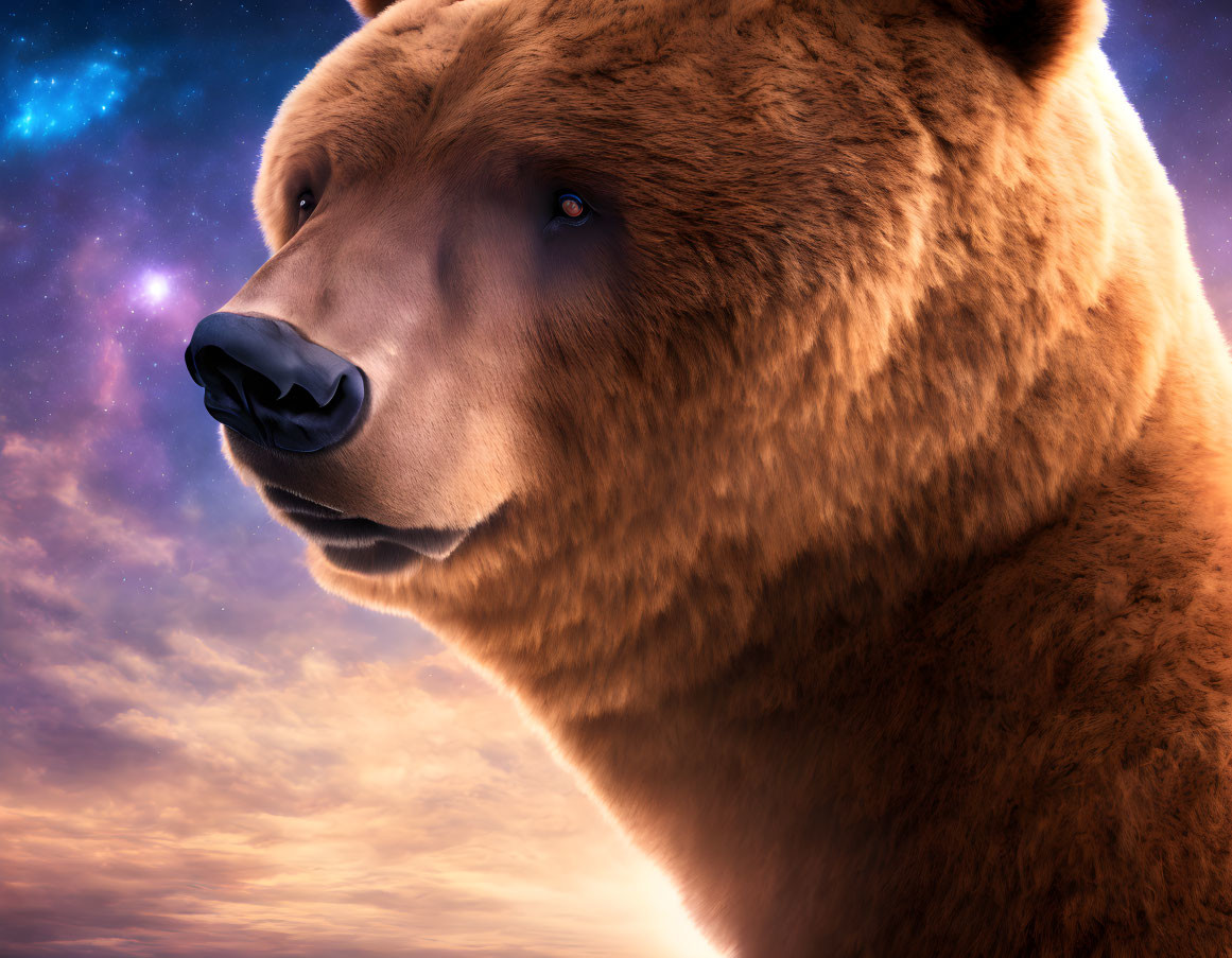 Brown bear's face against vibrant cosmic sky with stars