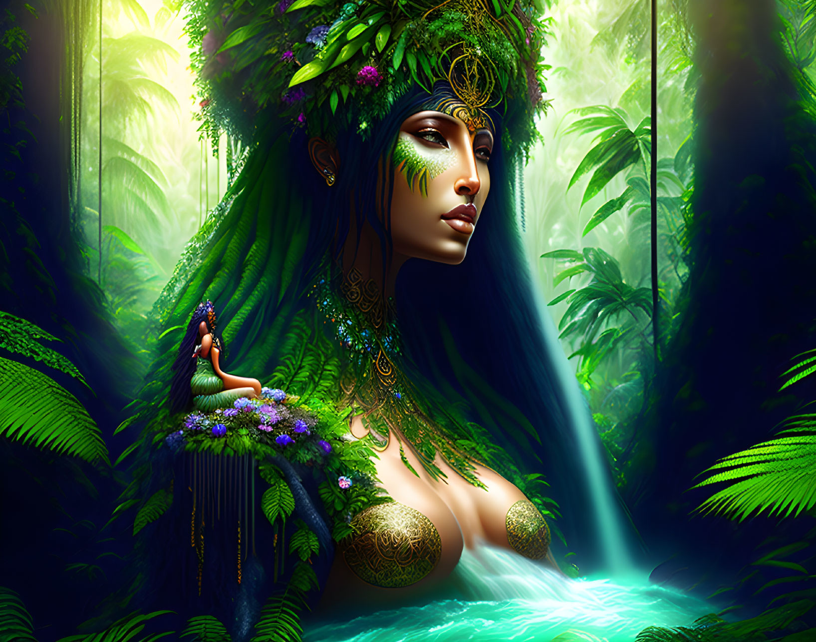 Illustrated female figure in green and gold amidst lush jungle setting