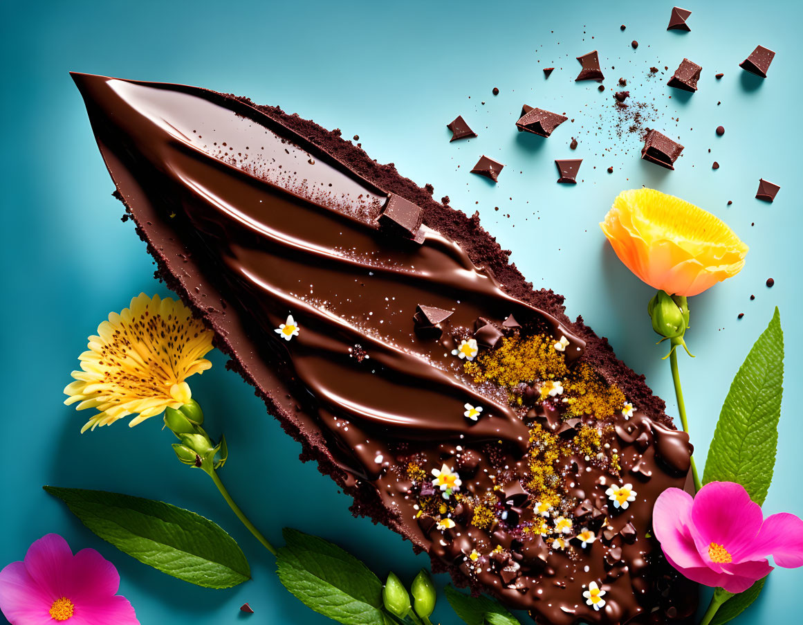 Glossy chocolate cake slice with sprinkles and flowers on turquoise background