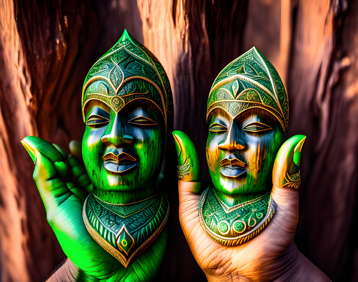 Two Green and Gold Wooden Masks Held Against Blurred Background