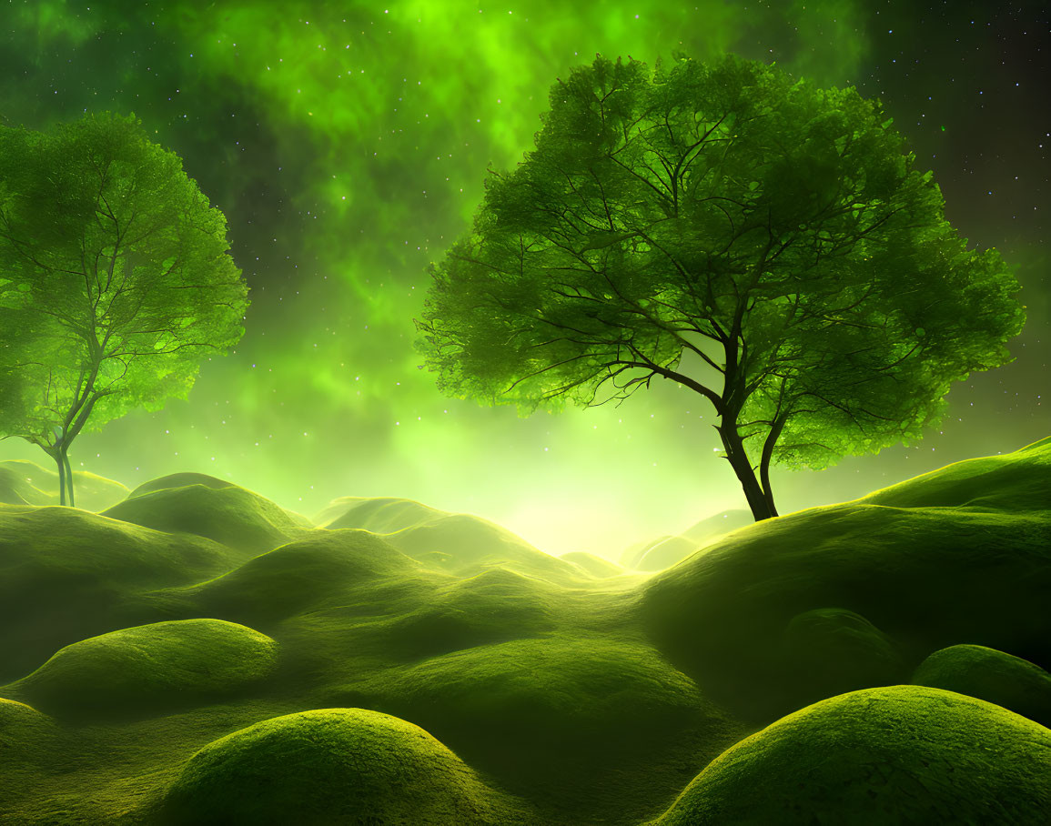 Vibrant Northern Lights over lush green hills and two trees at night