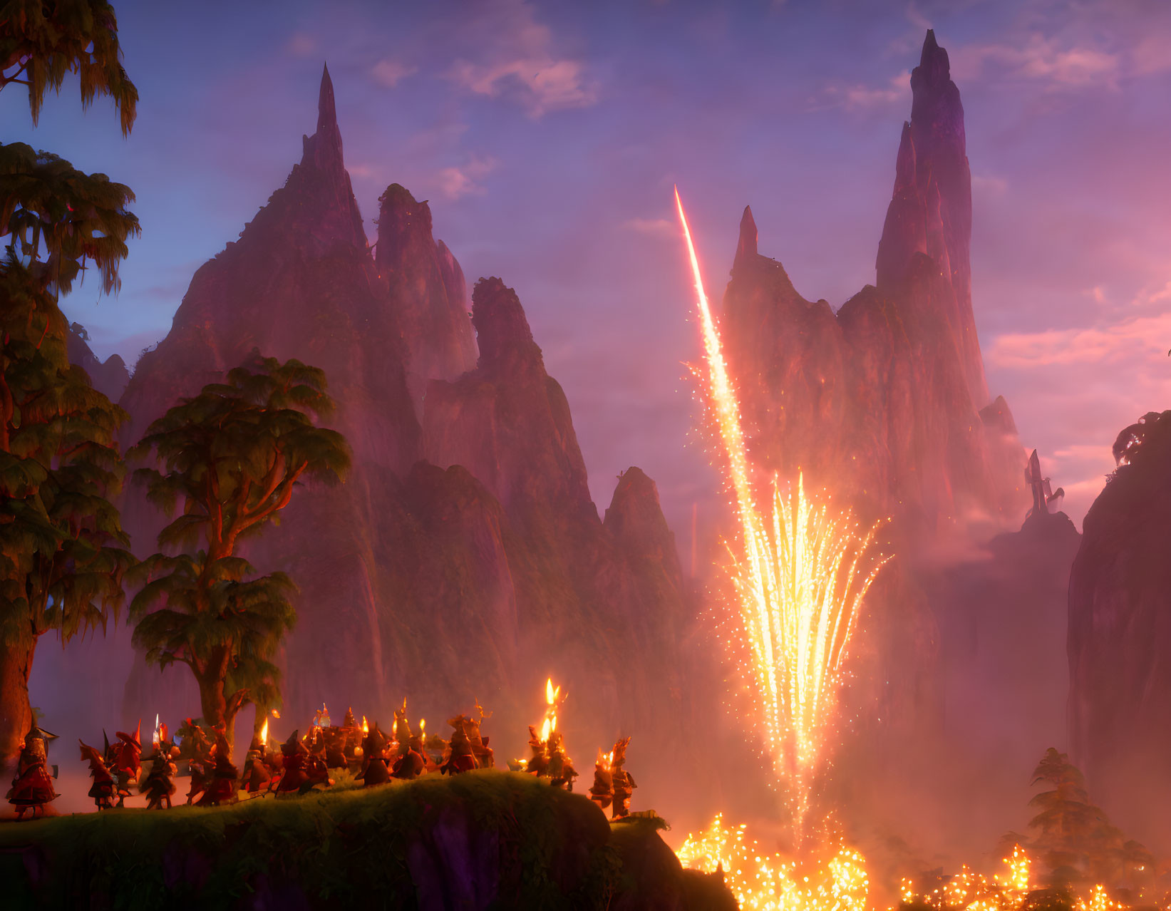 Vibrant fantasy landscape: towering rocks, lush greenery, fireworks at dusk