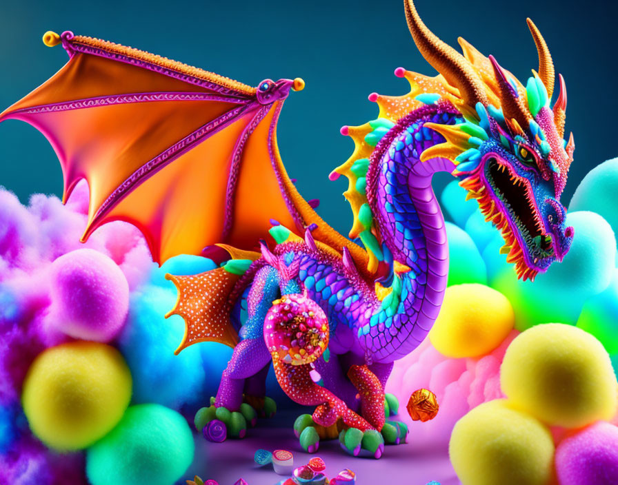 Fantastical dragon digital artwork with vibrant colors and intricate patterns