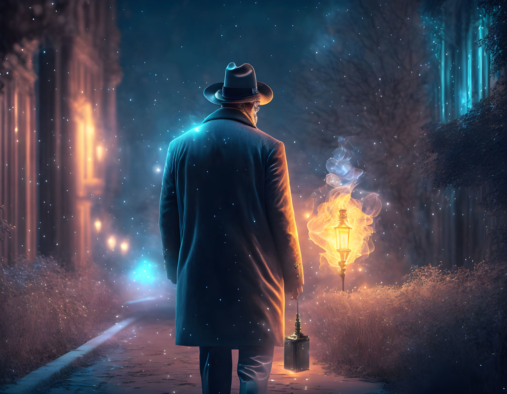 Man in coat and hat on mystical glowing path with lanterns and floating lights