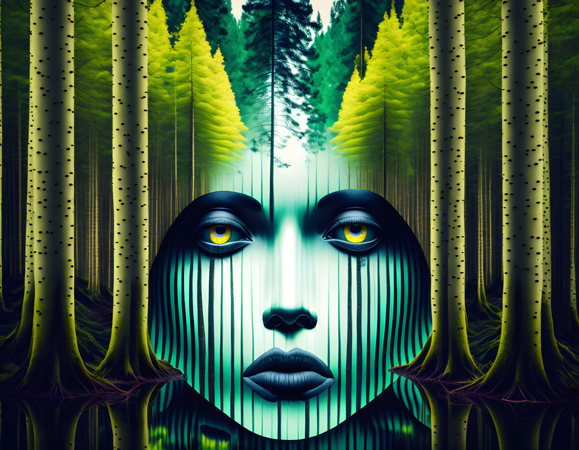 Forest scene blending with woman's face in surreal artwork