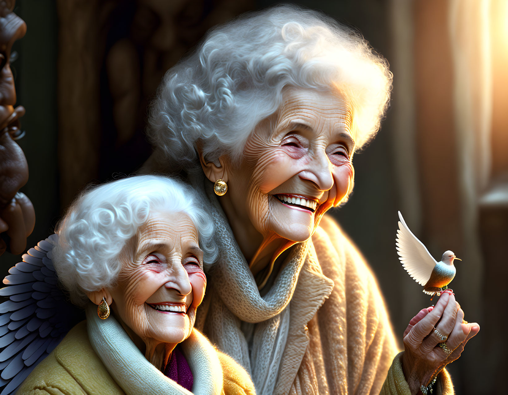 Elderly women smiling with bird in warm sunlight