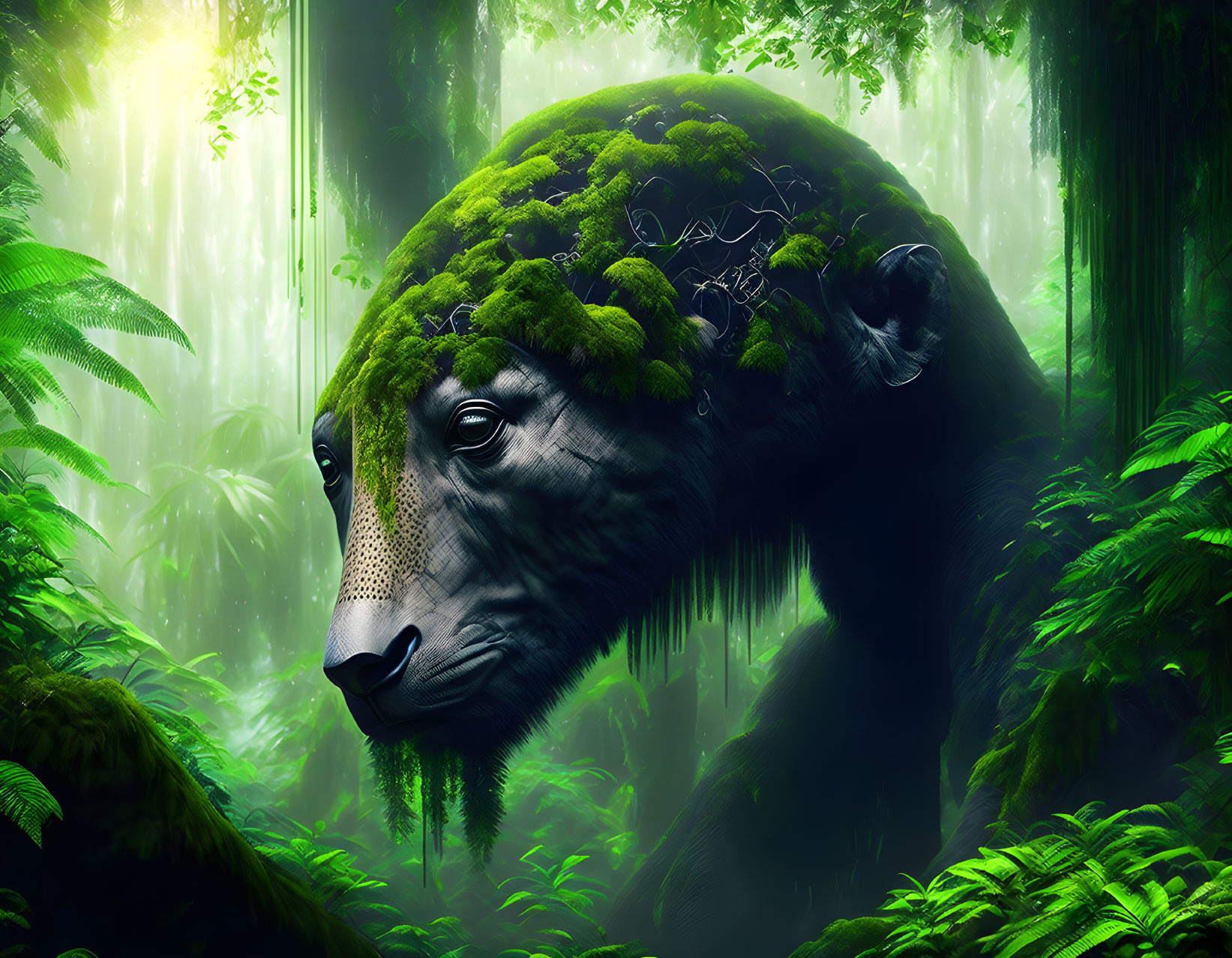 Surreal bear with forest ecosystem on head in misty jungle landscape