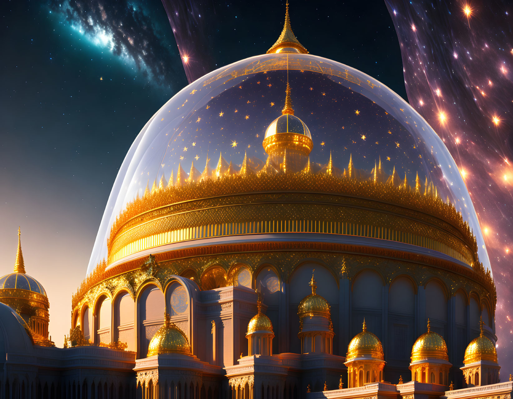 Golden dome structure shines in night sky with stars.