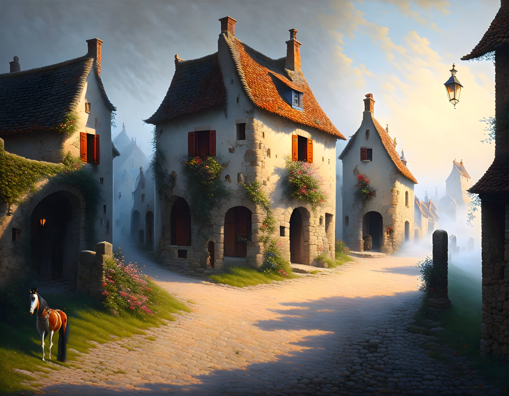 Tranquil cobblestone village road at sunrise with quaint houses and a lone horse