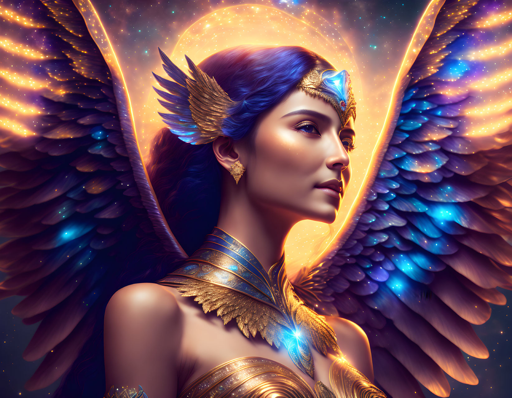 Profile of woman with blue feathers, golden armor, and colorful wings in cosmic setting