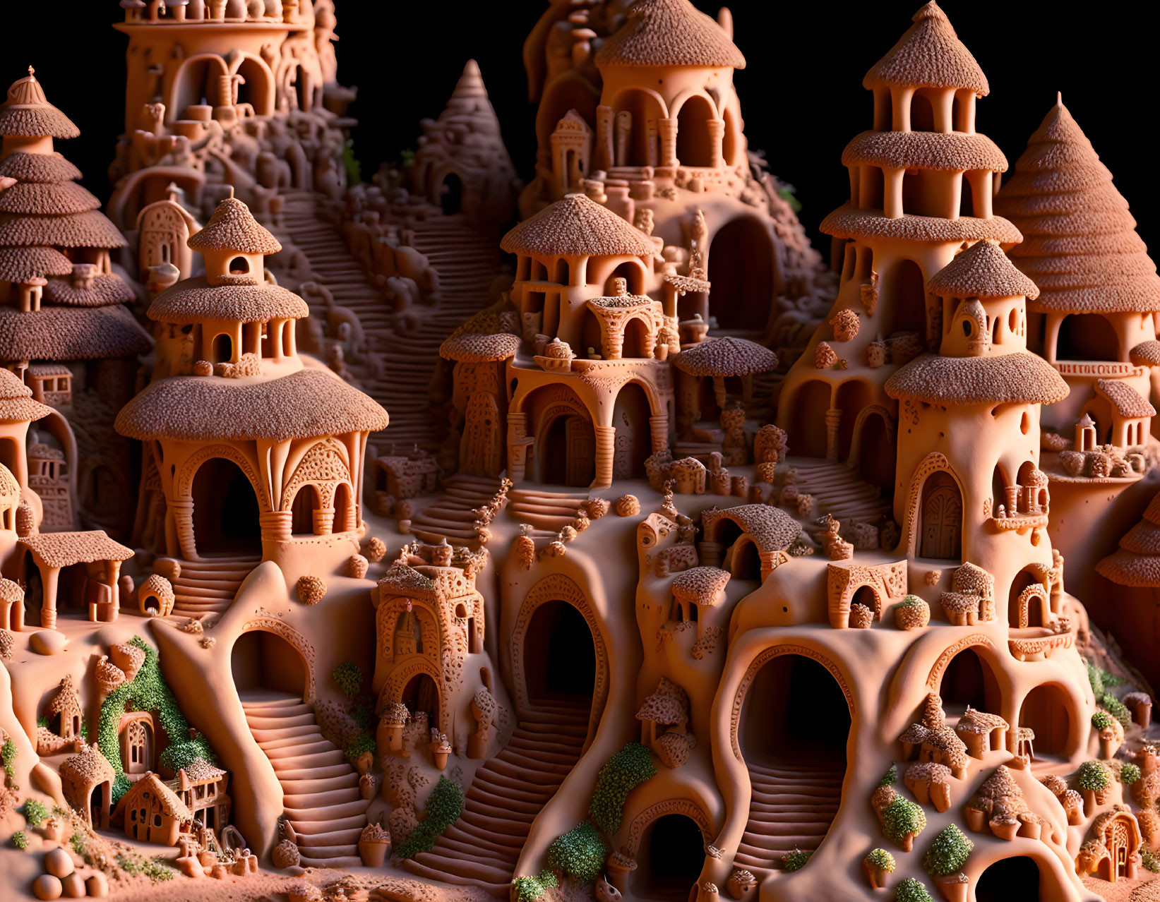 Fantastical sandcastle city with towers and arches on dark background