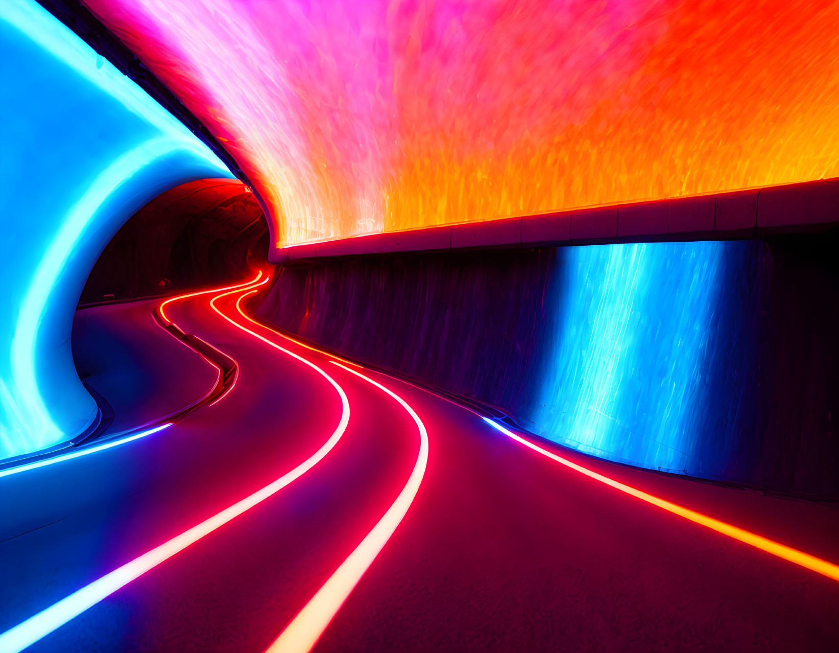 Colorful Neon-Lit Tunnel with Curving Lines