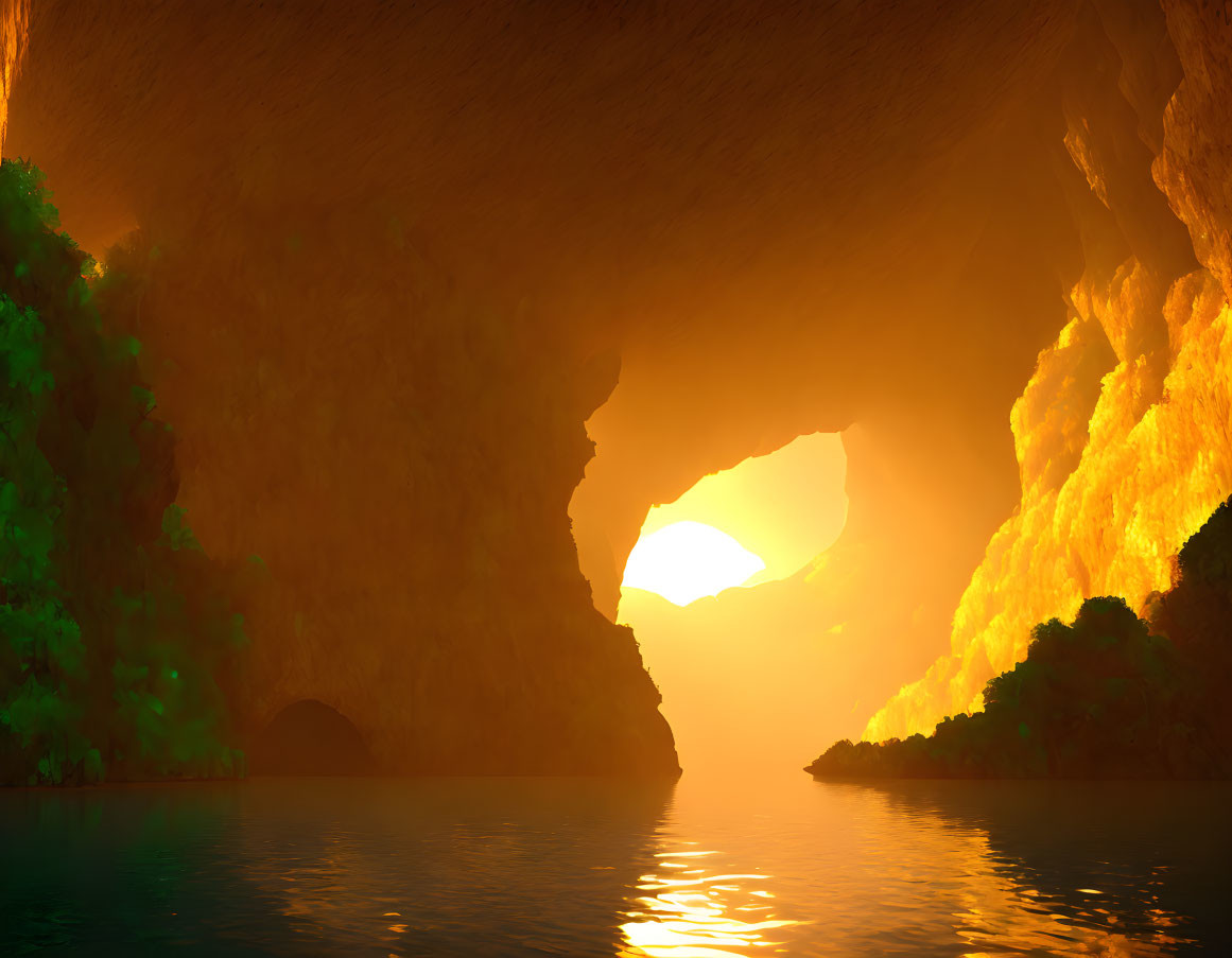 Cave sunset with reflective water and rocky silhouettes