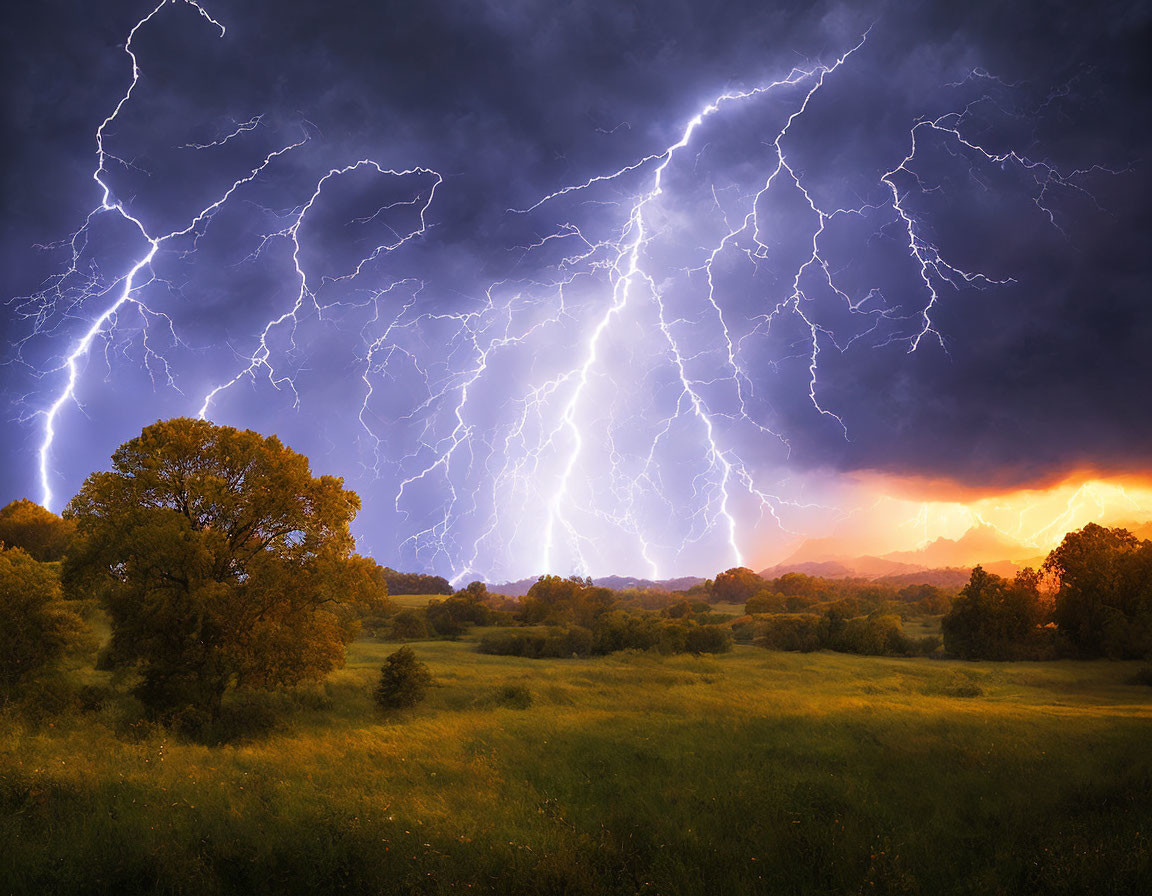 Intense lightning storm over green field with trees under dramatic sky