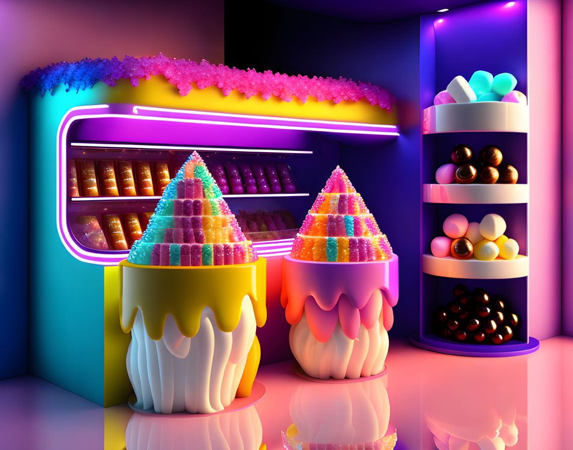 Colorful Candy Store Interior with Neon Lights and Candy Pyramids