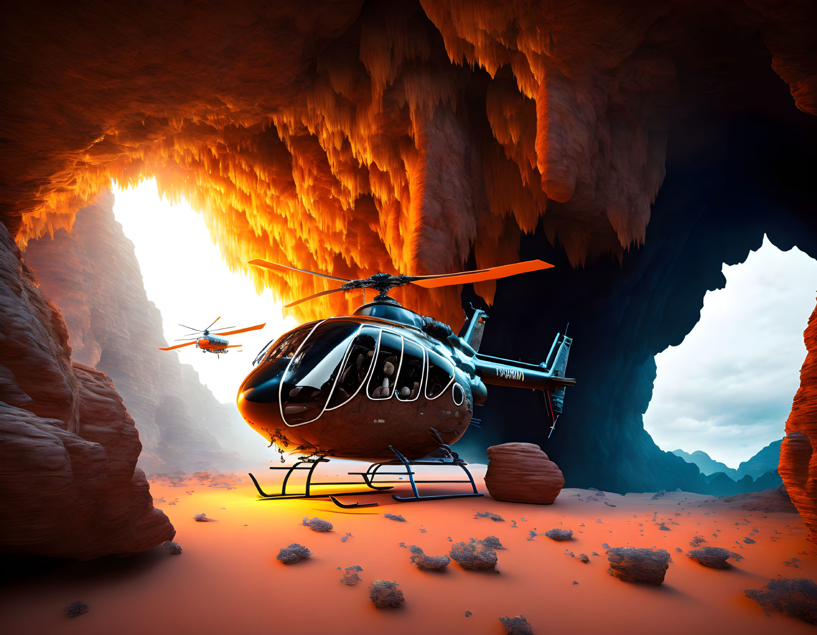 Helicopter landing in orange-red canyon with glowing light