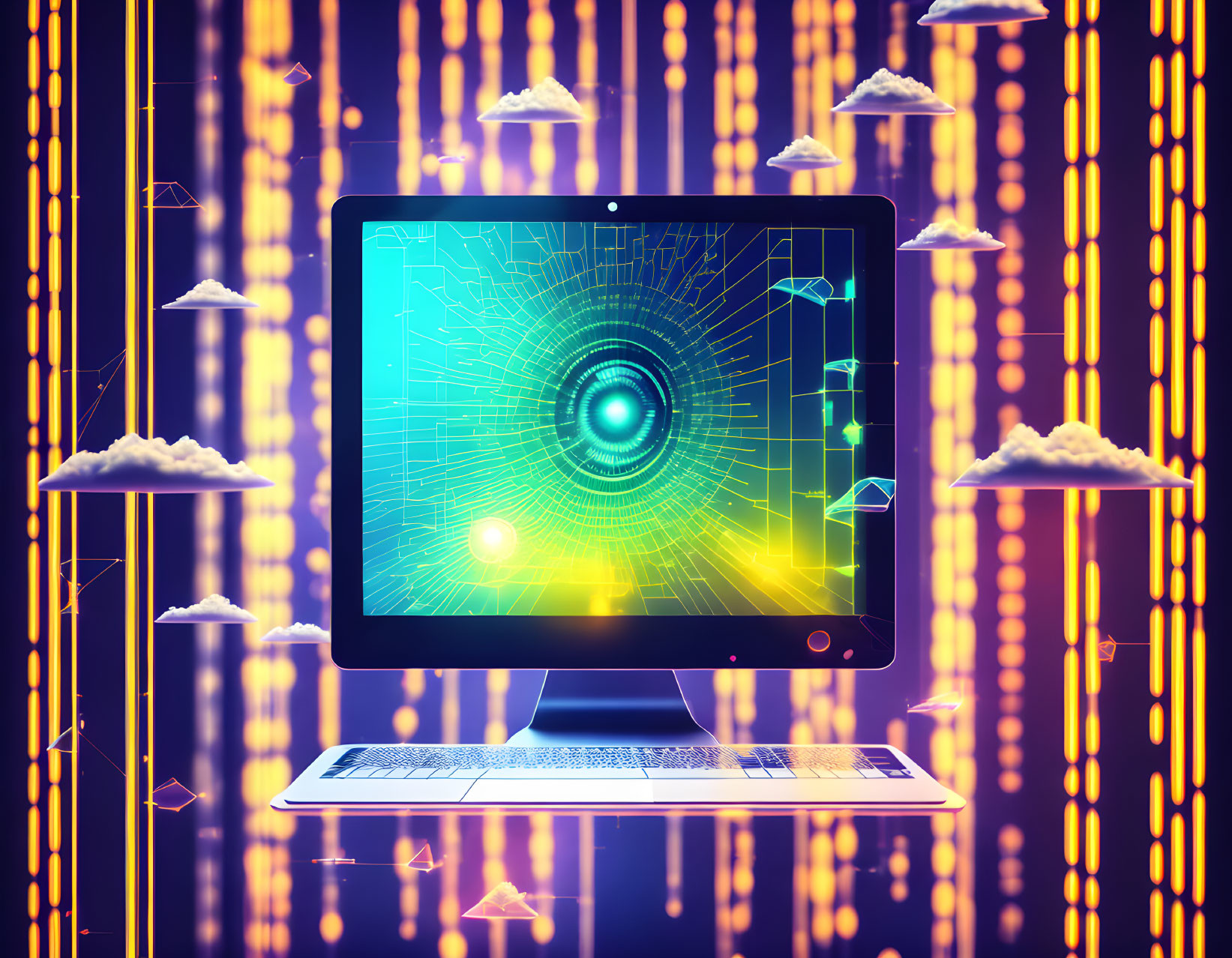 Digital artwork of computer with futuristic interface and data streams on purple backdrop.