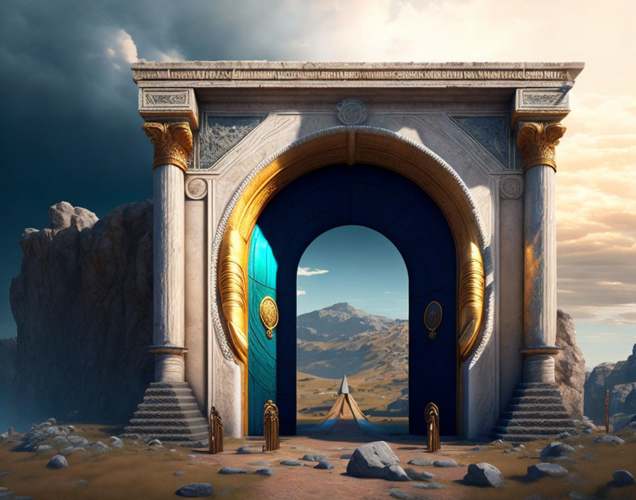 Intricate Carved Arch with Golden Accents in Desolate Landscape