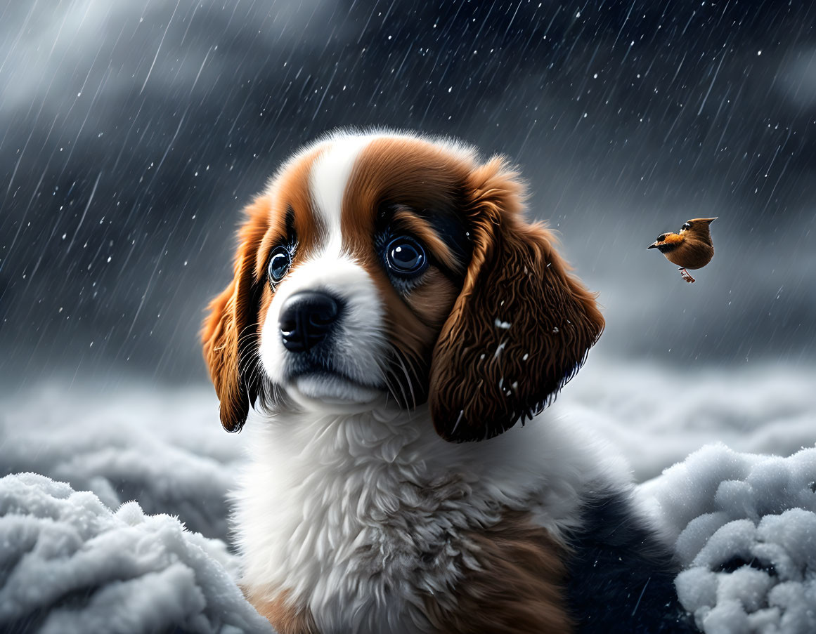 Brown and White Puppy Watching Bird in Snowfall