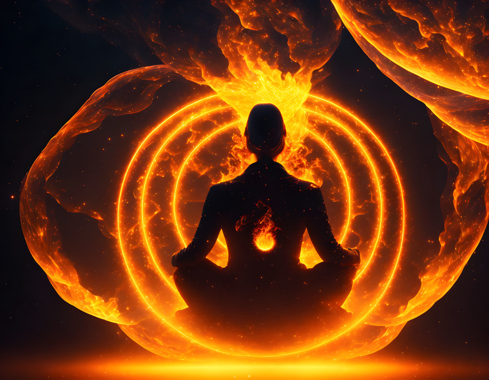 Meditating figure surrounded by fiery orange energy spheres on dark background