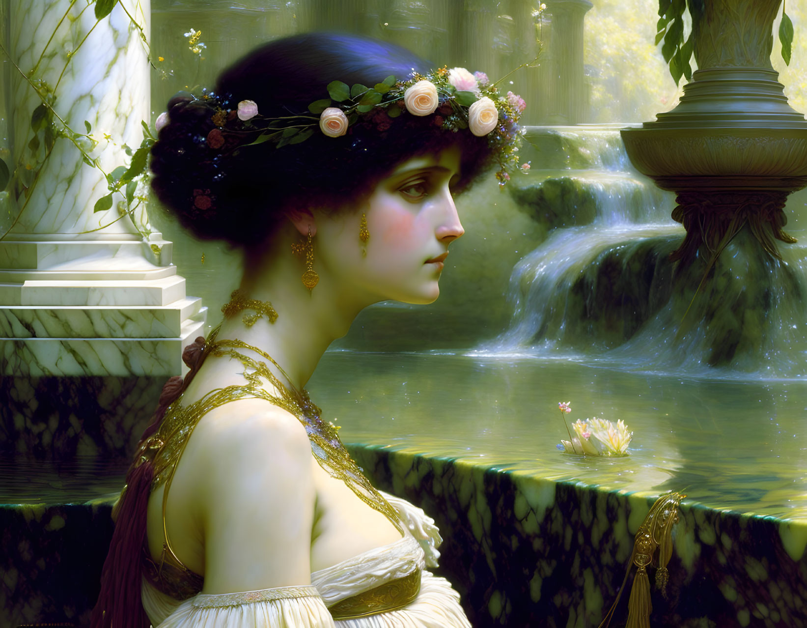 Woman with Floral Headpiece by Fountain in Lush Greenery