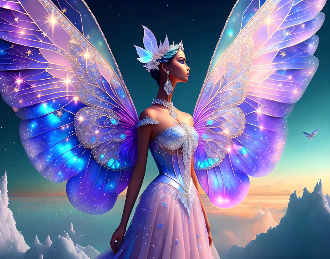 Digital Artwork: Woman with Butterfly Wings in Twilight Sky