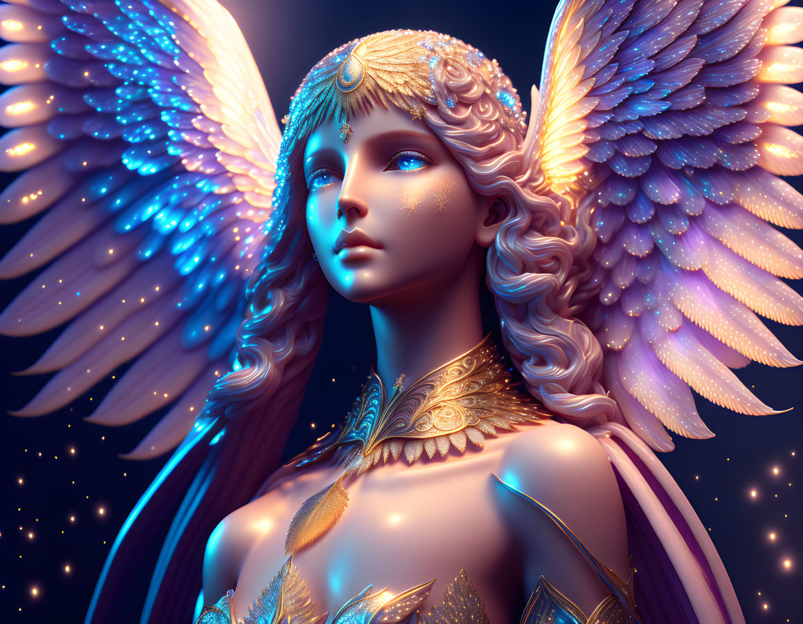 Ethereal being with luminous wings and blue skin in starry scene