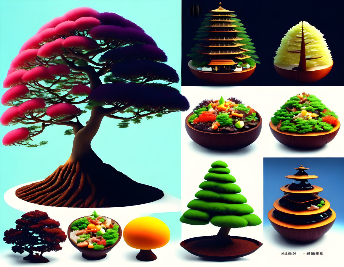 Colorful Food Sculpture Collage: Trees & Pagodas with Intricate Details