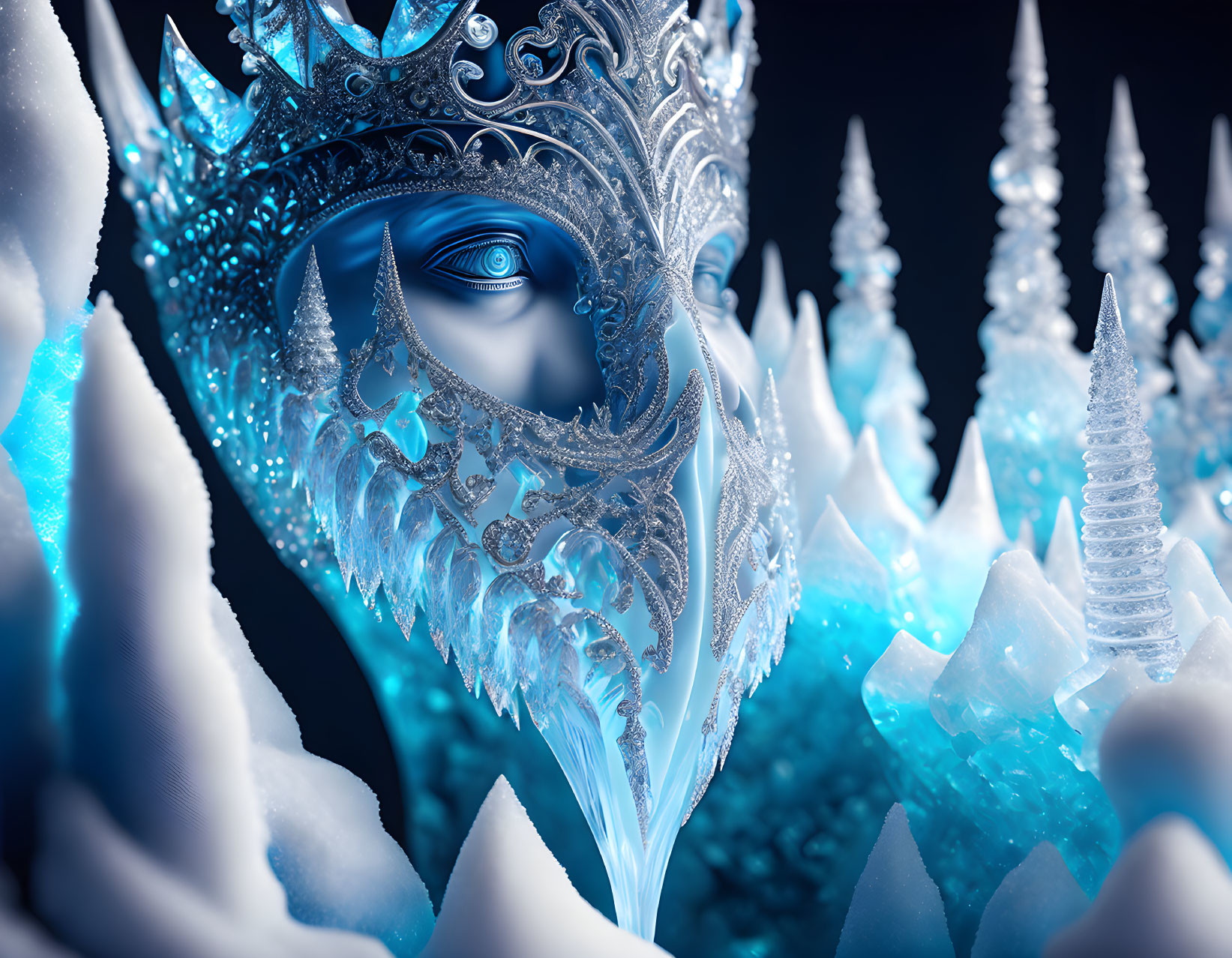 Silver Frost Patterned Mask on Glowing Blue Ice Crystals