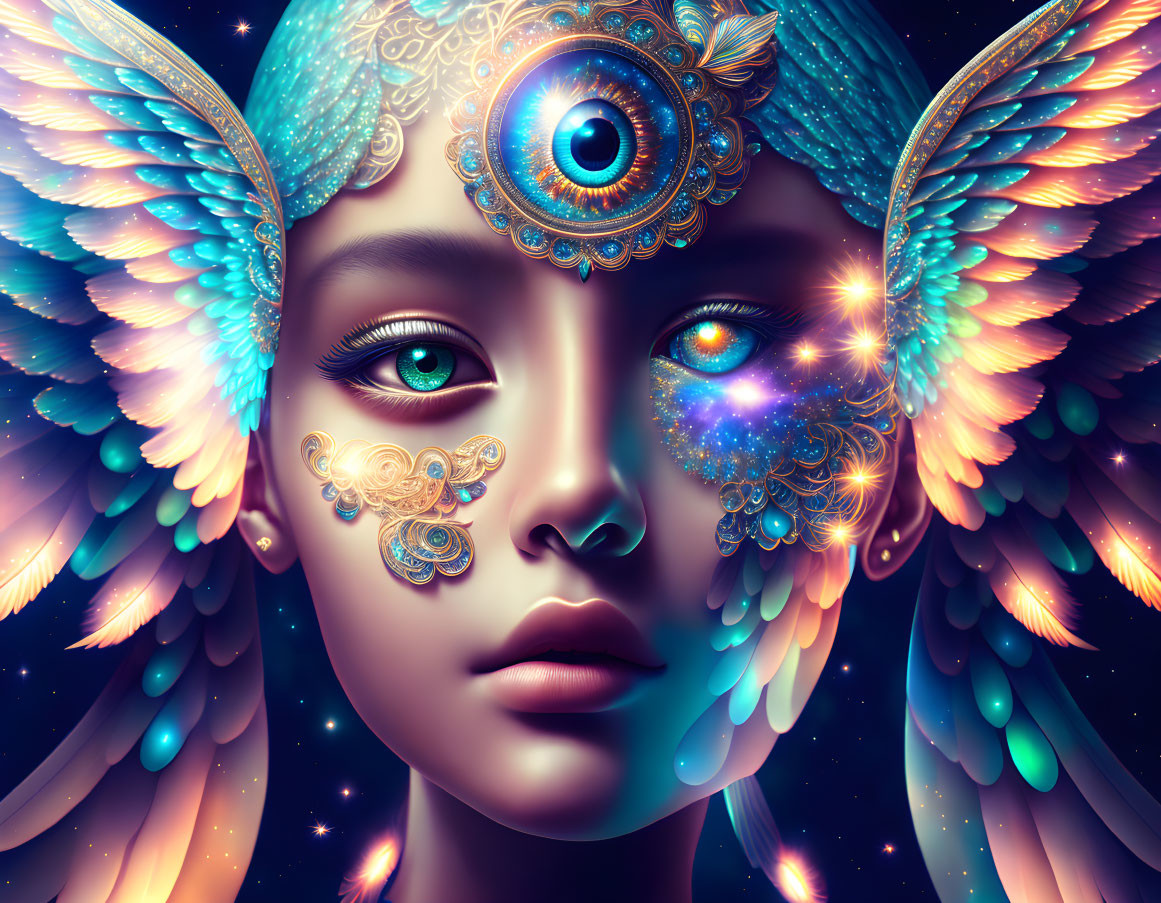 Cosmic and avian-themed portrait of a woman with galaxy-infused wings