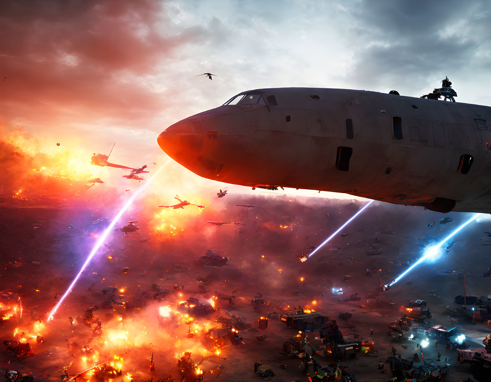 Futuristic aircraft battle in dystopian setting with laser beams and explosions