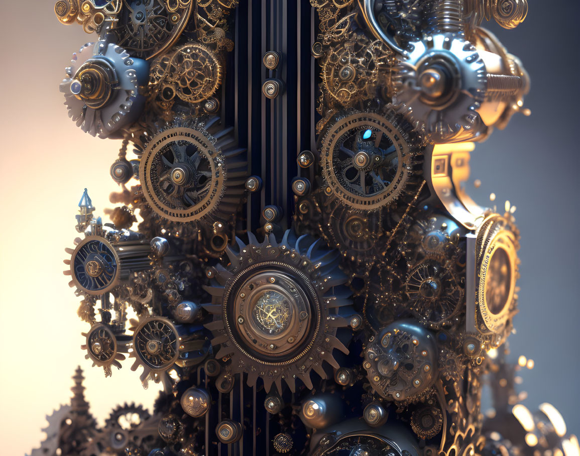 Steampunk-themed metallic gears and cogs in golden light