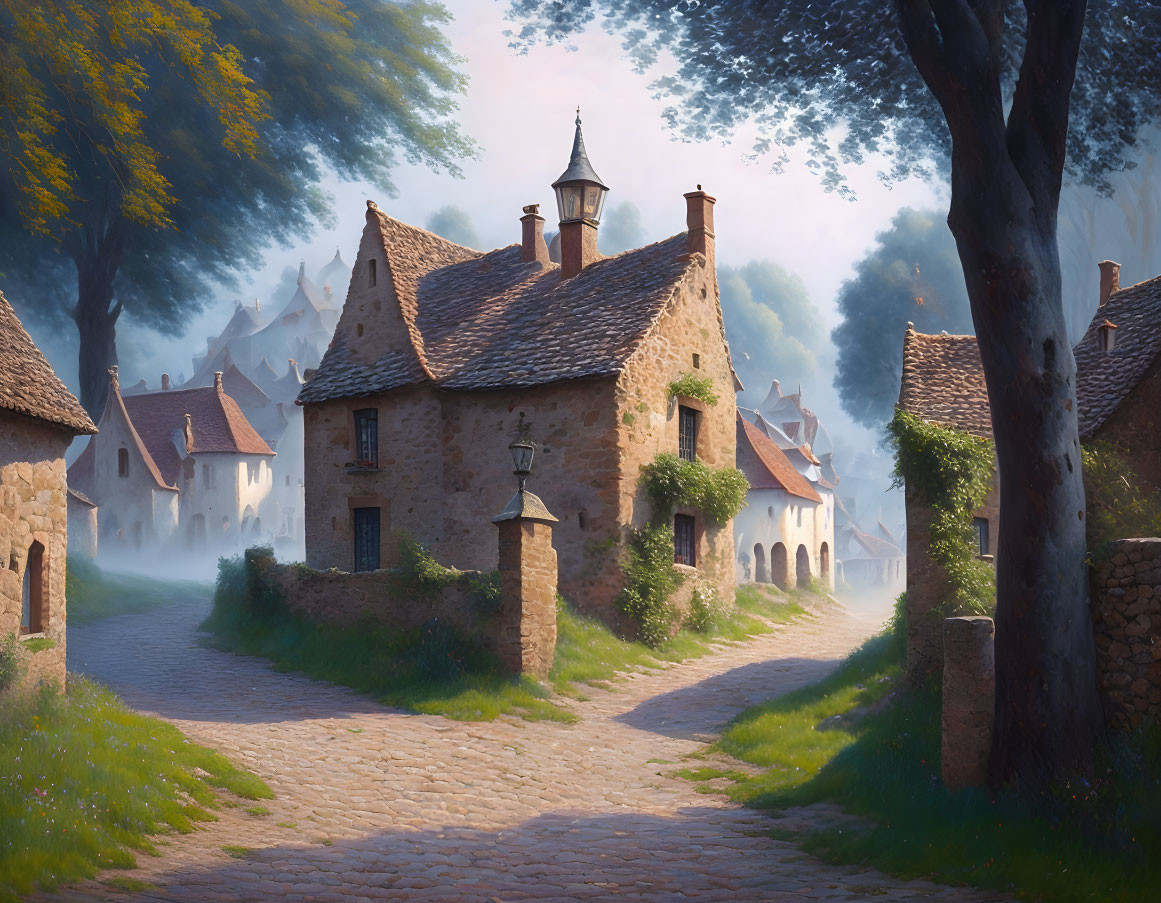 Rustic village scene with cobblestone roads and stone houses